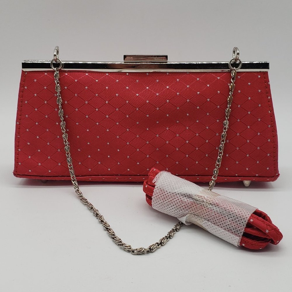 Red Faux Satin Silver Rhinestone Diamond Pattern Chain or Strap Handled Purse